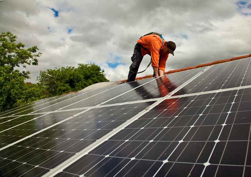 Newly installed solar roof panels on a residential home in Des Moines, Iowa